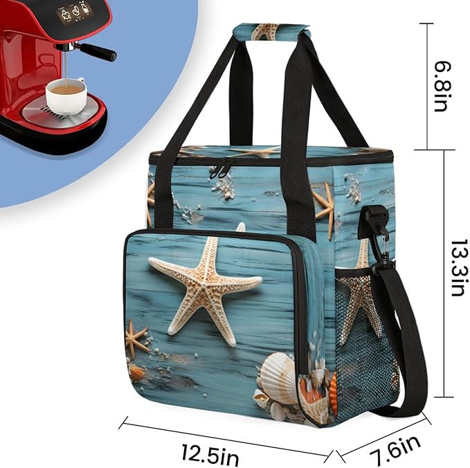 Seashell Starfish Themed Coffee Maker Travel Bag for Keurig K-Mini/K-Mini Plus Insulated Waterproof Tote with Pockets for K-Cup Portable Single-Serve Brewer Case