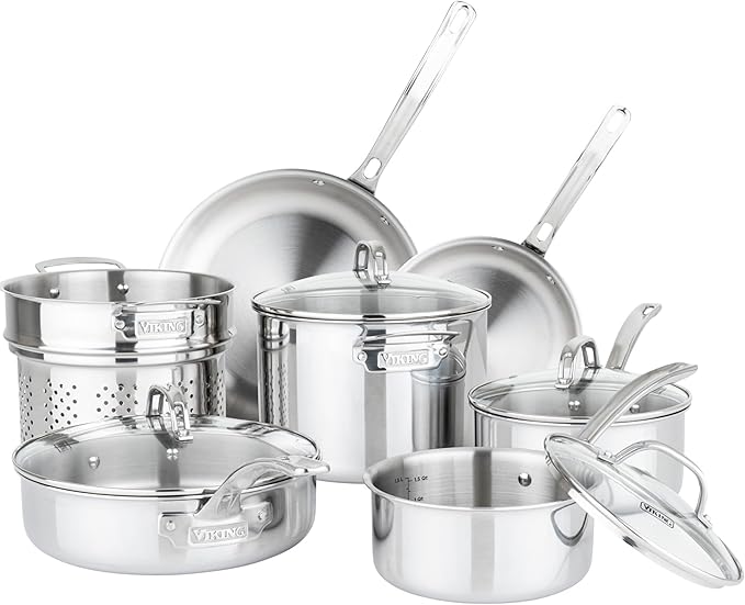 Viking ProClad 3-Ply Stainless Steel 11-Piece Cookware Set with Vented Glass Lids Fry Pans Saucepans Saute Pan Stock Pot with Strainer Insert Oven Safe up to 600F