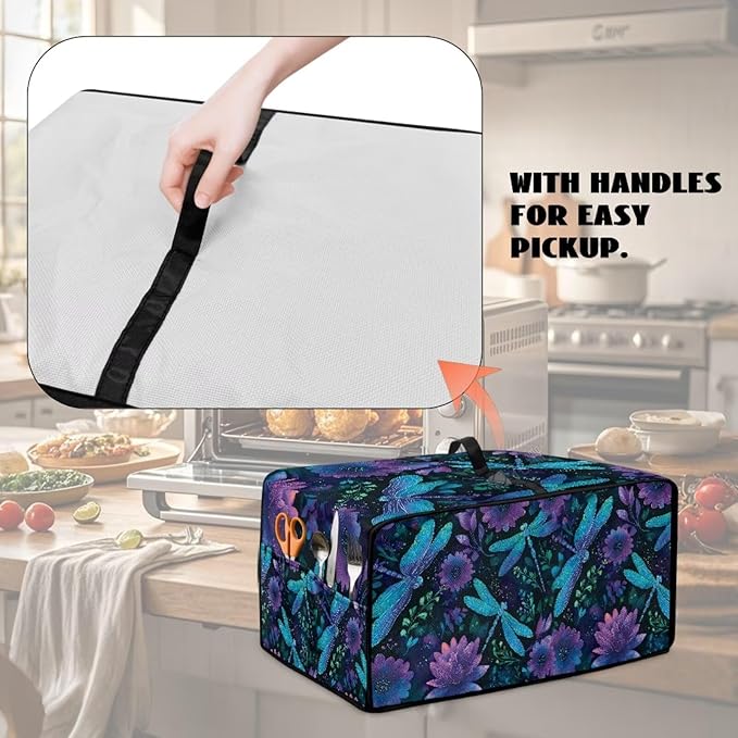 Dragonfly Floral Print Toaster Oven Cover for Kitchen Counter Decorative Washable Smart Microwave Oven Protector Dustproof Stain Resistant Bread Maker Cover Blue and Purple
