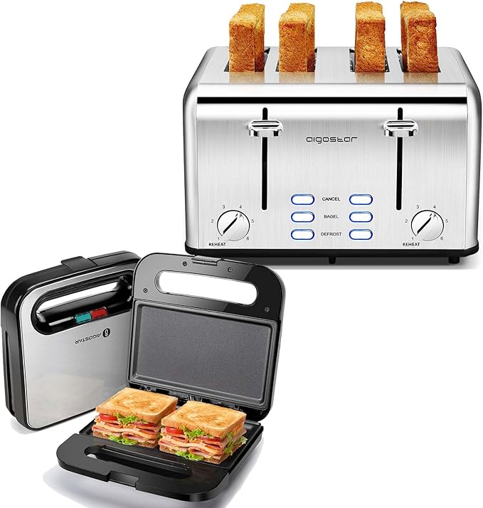 Aigostar Sandwich Maker Non-Stick Panini Press Sandwich Maker Breakfast Grilled Cheese Maker Stainless Steel Tostadora de Pan Toaster 4 Slice Wide Slot Toasters with Bagel Reheat Cancel