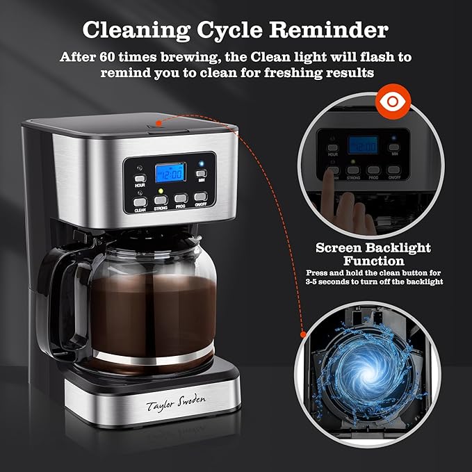 Taylor Swoden 12-Cup Programmable Coffee Maker Regular &amp Strong Brew Drip Coffee Machine for Home and Office Glass Carafe Pause &amp Serve Auto Shut Off Black &amp Stainless Steel