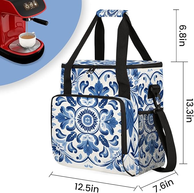 Blue Flower Design Coffee Maker Travel Bag for Keurig K-Mini/K-Mini Plus Insulated Waterproof Tote with Pockets for K-Cup Portable Single-Serve Brewer Case