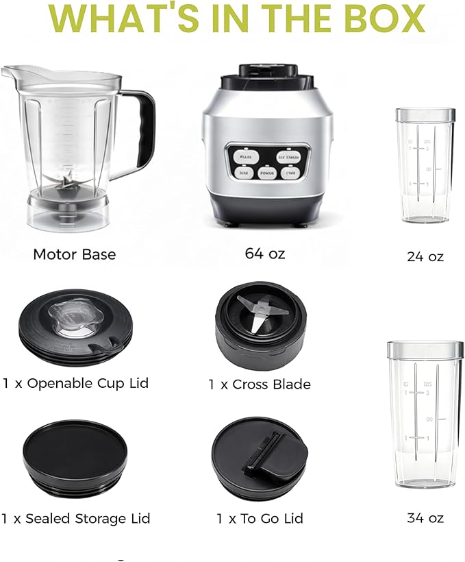 Simple Deluxe Smoothie Blender 1200W Powerful Countertop Blenders for Kitchen 60 oz Capacity Blender for Smoothies with BPA-Free Portable Cups Ice Crushing Juices Shakes and Sauces Silver
