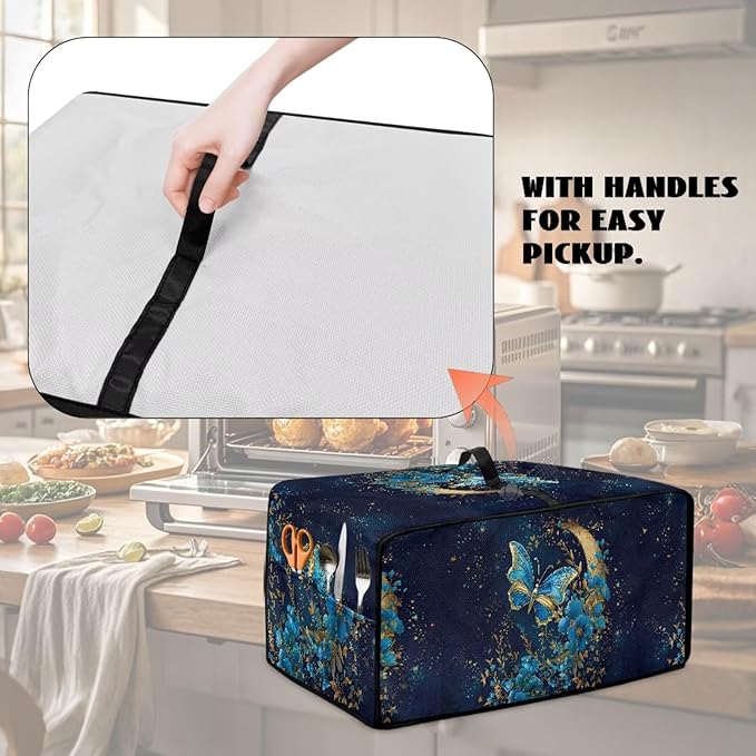 Heat-Resistant Toaster Oven Cover Faux Linen Polyester Appliances Dust Cover for Convection Toaster Oven Air Fryer with Top Handle Side Pockets Moon Butterfly Flower