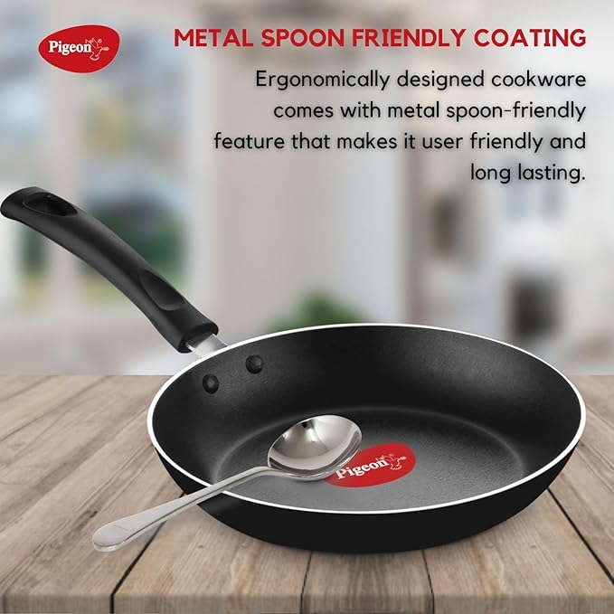 Pigeon Mio Nonstick Aluminium Cookware Gift Set 8 Pieces (Black Red) Includes Fry Pan Tawa Kitchen Tool Set Kadai with Glass Lid