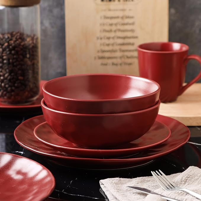 Stone Lain Sam Porcelain16 Piece Dinnerware Set Home Kitchen Dish Set with Dinner Plates Salad Plates Bowls &amp Mugs - Service for 4 Red