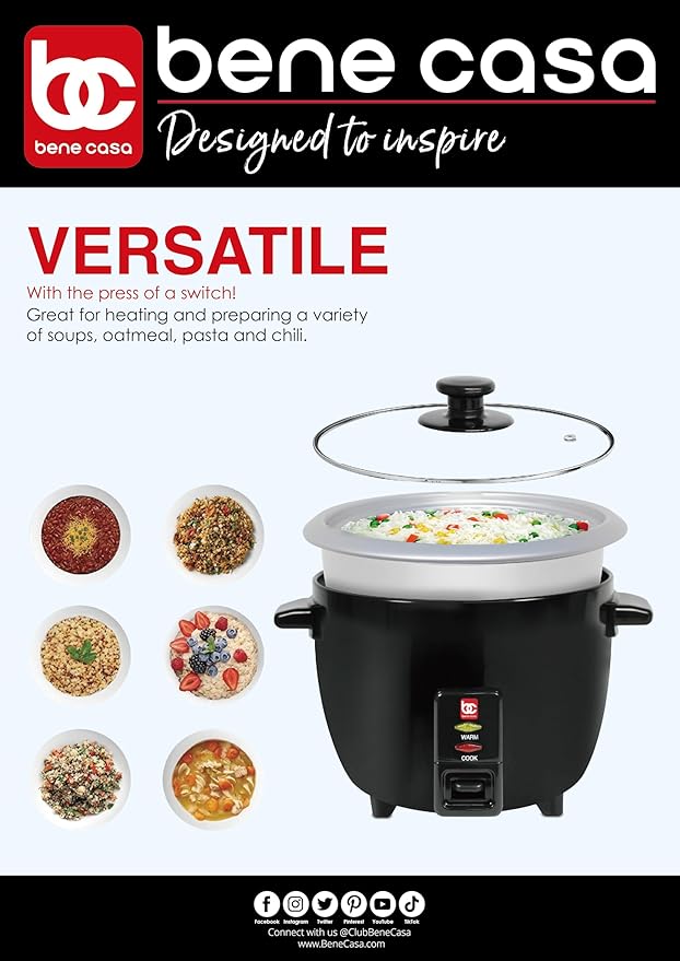 Bene Casa Rice Cooker Black Cook 2-12 Cups of Cooked Rice And Food Steamer