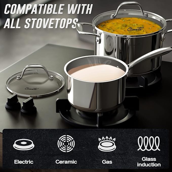 Tri-Ply Stainless Steel Pots and Pans Set 11-PC &amp 2 Quart Sauce Pan with Lid
