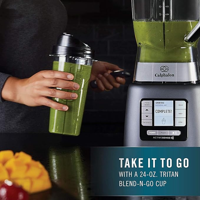 Calphalon Blender 24-Oz Portable Blend-n-Go Smoothie Cup ActiveSense 1200-Watt Motor Dark Stainless Steel