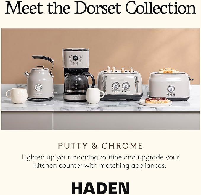 Haden Dorset 4-Slice Wide-Slot Toaster Stainless-Steel Bread Toaster with Adjustable Browning Control Crumb Tray &amp Non-Slip Feet Putty &amp Chrome