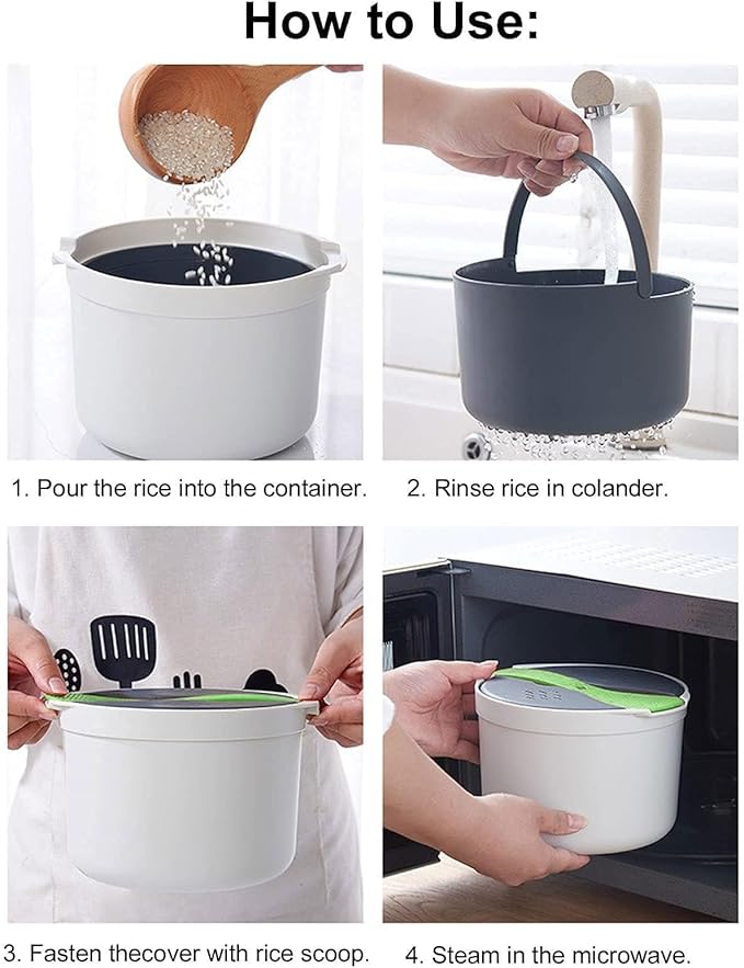 Microwave Rice Cooker 2-Layer Microwave Vegetable Steamer Non-Stick 2L Rice Steamer &amp Pasta Cooker with Strainer Dishwasher Safe Microwave Steamer for Pasta Potatoes Vegetables(Green)