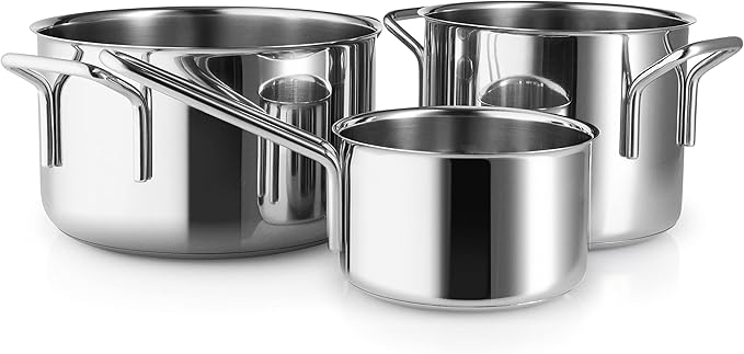 Eva Trio Stainless Steel Pot Set 3 Pieces 1.1 L 2.2 L 3.6 L Complete Pot Set that Covers Every Need for Daily Cooking Polished Steel