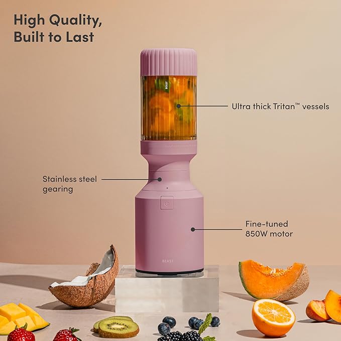 Beast Mighty 850 Plus | Premium Compact Personal Blender | Smoothies Shakes Dressings Sauces | Blends Ice and Frozen Fruit | New XL Vessel | Extra Vessels Lids and Straws | 850W (Lilac)