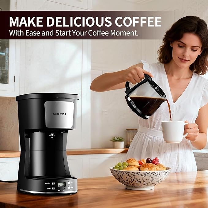 12-Cup Drip Coffee Maker with Reusable FilterProgrammable ClockAuto BrewWater WindowKeep Hot PlateGlass CarafeCompact Design for KitchenOfficeSilver and BlackStainless Steel