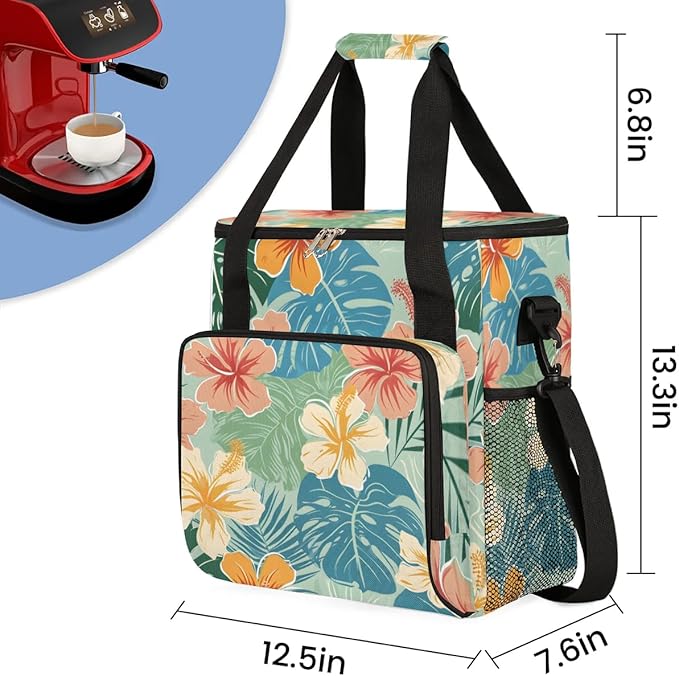 Coffee Maker Carrying Bag Palm Leaf Flower Single Cup Coffee Maker Travel Bag Compatible with Keurig K-Mini or K-Mini Plus Portable Storage Bag with Shoulder StrapAZ-210