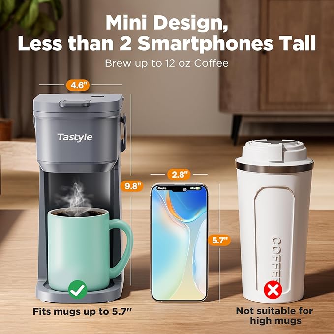 Single Serve One Cup Coffee Maker for K Cups and Grounds Mini Coffee Maker with Portable Handle 6 to 12 Oz Brew Size for Travel Camping Office RV and Dorm 120V Cool Gray