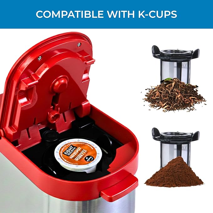Kenmore Single Serve Coffee Maker – Compatible with Keurig K‑Cup Pods &amp Ground Coffee One Cup Brewer 6–14 Oz Brew Sizes Travel Mug Friendly Auto Shut‑Off Hot &amp Iced Maquina de cafe Red