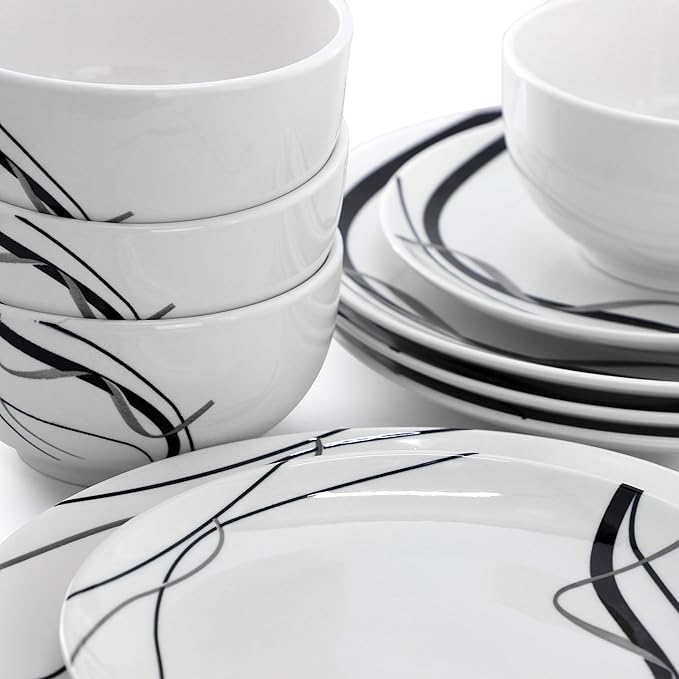 Elama Sarah 12 Piece Porcelain Black Ribbon Dinnerware Set Service for 4 in White and Black