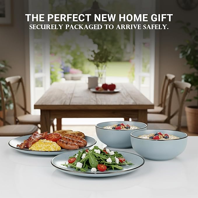 Dinner Set 16 PCS – Premium Ceramic Tableware in Blue – Includes 4 Dinner Plates 4 Side Plates 4 Rice Bowls &amp 4 Soup Bowls – Durable Stylish &amp Microwave Safe