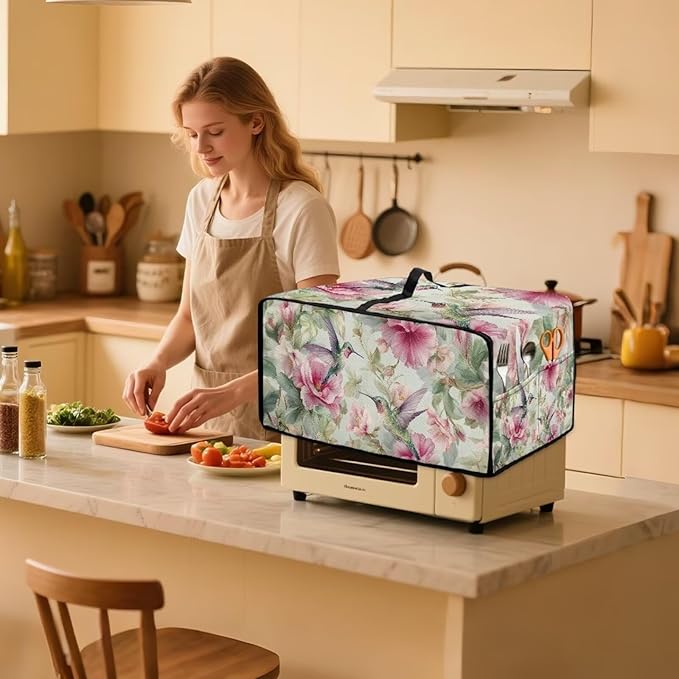 Hummingbird Flower Printed Toaster Oven Dust Cover Heavy Duty Bread Maker Machine Covers with Side Pockets Kitchen Small Appliance Cover S