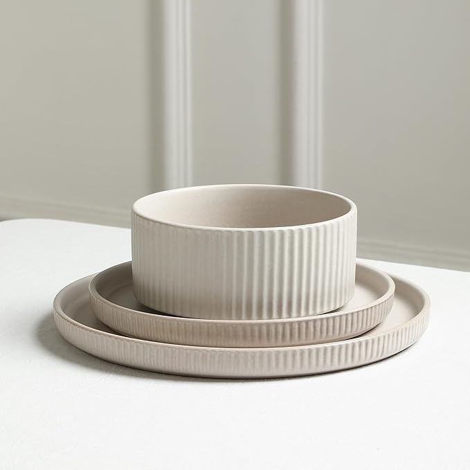 Stone Lain Haven Modern Stoneware 4 Piece Bowls Sets Dish Set for 4 Reactive Glaze Sandy White