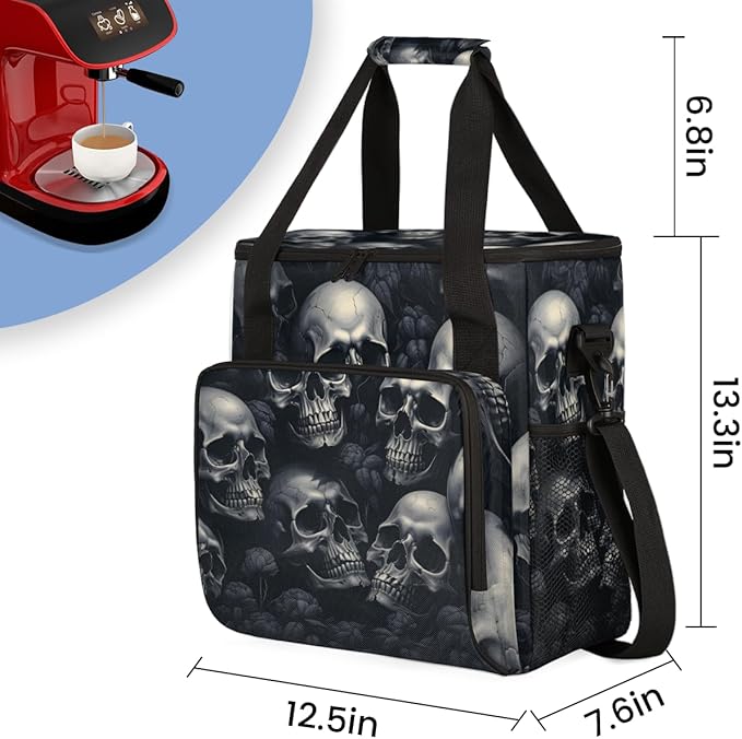 Black Skull Coffee Maker Carrying Bag Portable Travel Storage Tote Bag Compatible with K-Mini or K-Mini Plus Single Serve Coffee Brewer Carrying Case with Multiple Pockets &amp Shoulder Strap