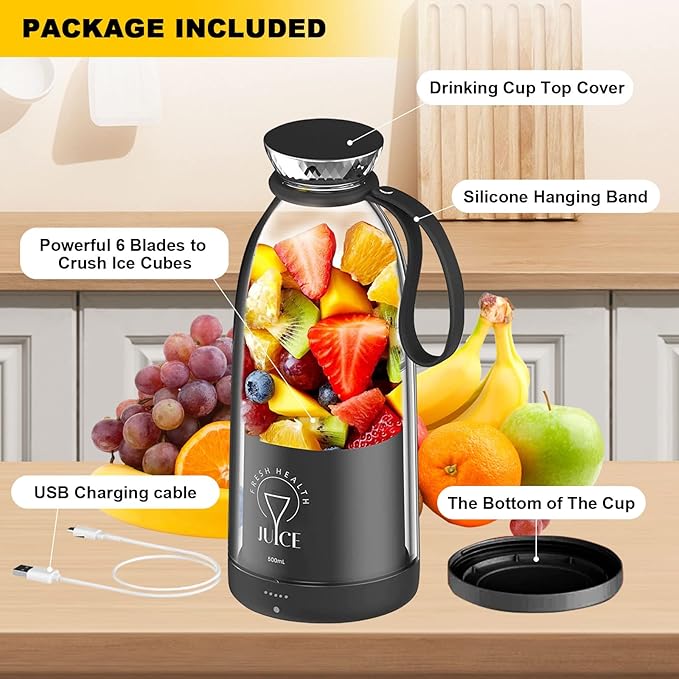 Portable Blender 500ML Personal Blender for Shakes and Smoothies Traveling Fruit Veggie Juicer Cup USB Rechargeable with Six Blades for Sports Travel and Outdoors (black)