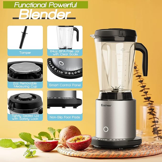 COSTWAY Professional 64oz Countertop Blender Smoothie Maker Built-in Self-Cleaning with 10 Speed Control &amp 8 Pre-Set Programs Pitcher Crushing Blender for Smoothies Frozen Fruit 1500W
