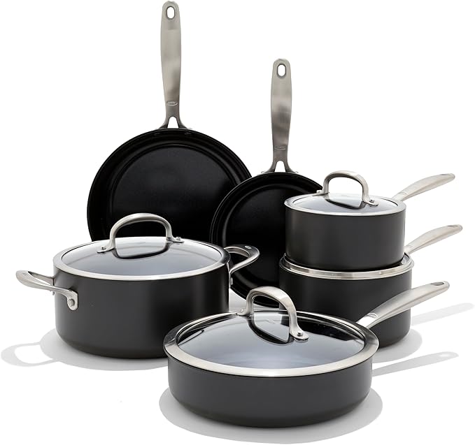 OXO Enhanced 10 Piece Cookware Pots &amp Pans Set PFAS-Free Ceramic Nonstick Durable Hard Anodized Cookware Scratch Resistant Stainless Steel Handle Good Grips Dishwasher &amp Oven Safe Black