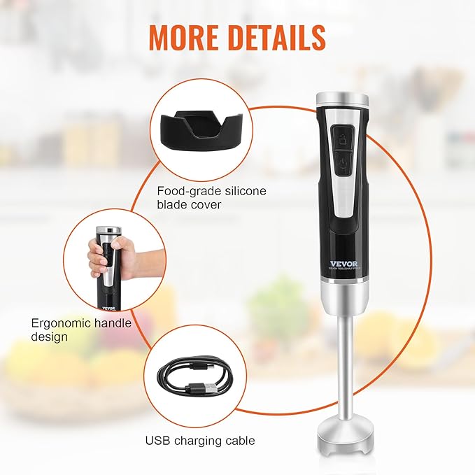 VEVOR Hand Blender 8 Variable Speeds Immersion Blender Stainless Steel Handheld Blender Powerful Motor Hand Mixer USB Charging Cable Multi-purpose Easy Control Grip Stick Mixer