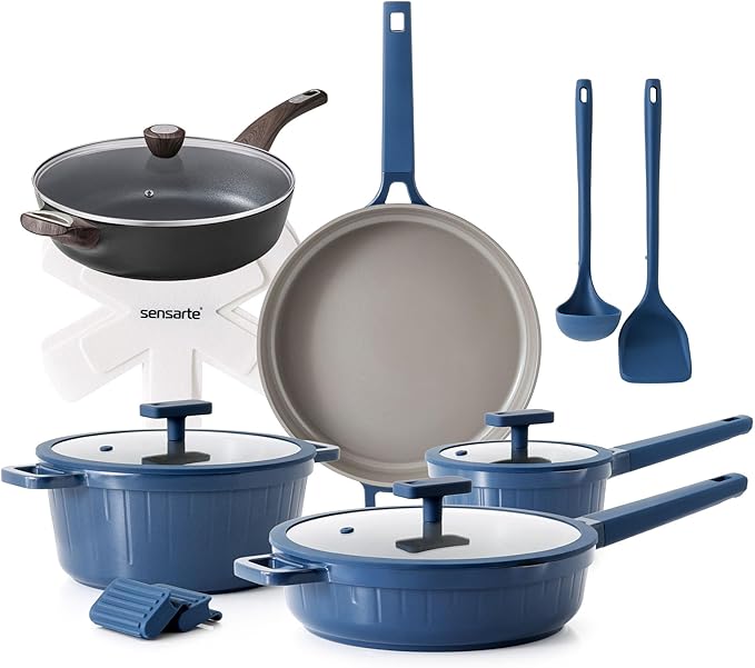 SENSARTE 15 Piece Nonstick Cookware Set includes 5 Qt Ceramic Nonstick Frying Pan Skillet with Lid