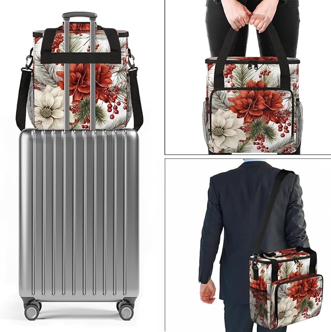 Christmas Flowers Coffee Maker Carrying Bag Glowing Flowers Travel Storage Bag Compatible with K-Mini or K-Mini Plus Single Serve Coffee Brewer Carrying Case with Multiple Pockets &amp Shoulder Str