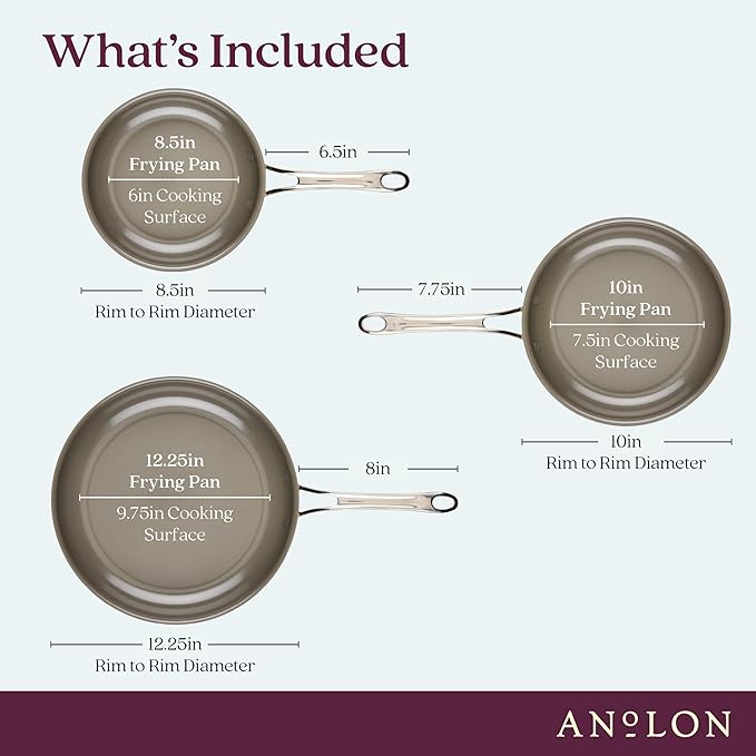 Anolon EverLast Ceramic Nonstick Frying Pans/Skillets Clad Induction 3 Piece Set 8.5 Inch 10 Inch and 12.25 Inch Open Fry Pans - Stainless Steel