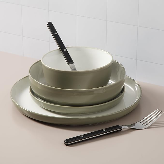 Sur La Table Kitchen Essentials 16 Piece Two-Tone Porcelain Chip and Scratch Resistant Dinnerware Plates and Bowls Set - Grey/White