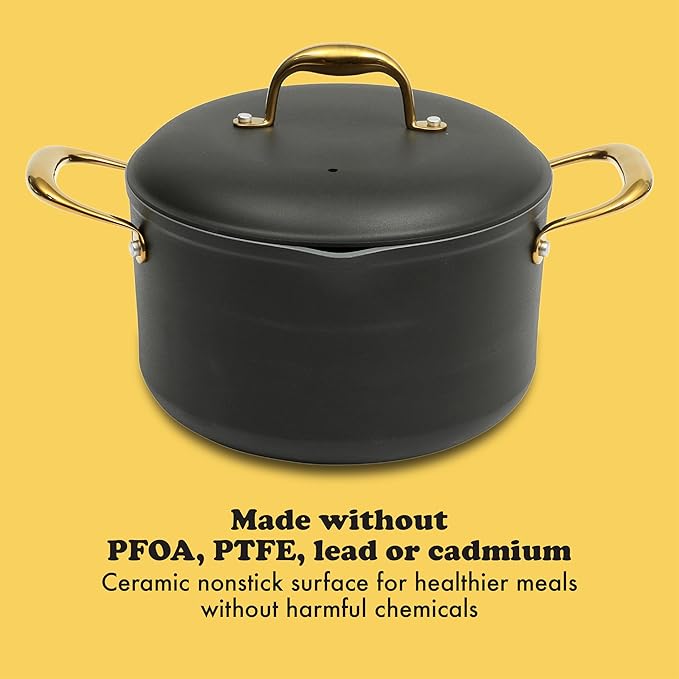 Frok 10 Piece Pots and Pans 4MM Thick Quick Heat Aluminum Cookware Set w/Premium PFA Free Ceramic Nonstick Interior Heat Resistant Exterior - Induction - Black &amp Gold