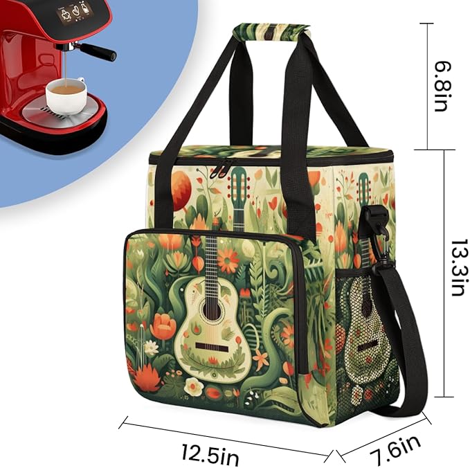 Retro Guitar Coffee Maker Carrying Bag Tropical Leaves Travel Storage Bag Compatible with K-Mini or K-Mini Plus Single Serve Coffee Brewer Carrying Case with Multiple Pockets &amp Shoulder Strap