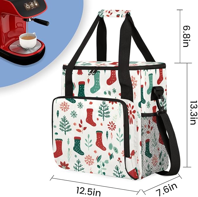 Christmas Snowflake Coffee Maker Carrying Bag Xmas Stocking Travel Storage Bag Compatible with K-Mini or K-Mini Plus Single Serve Coffee Brewer Carrying Case with Multiple Pockets &amp Shoulder Str