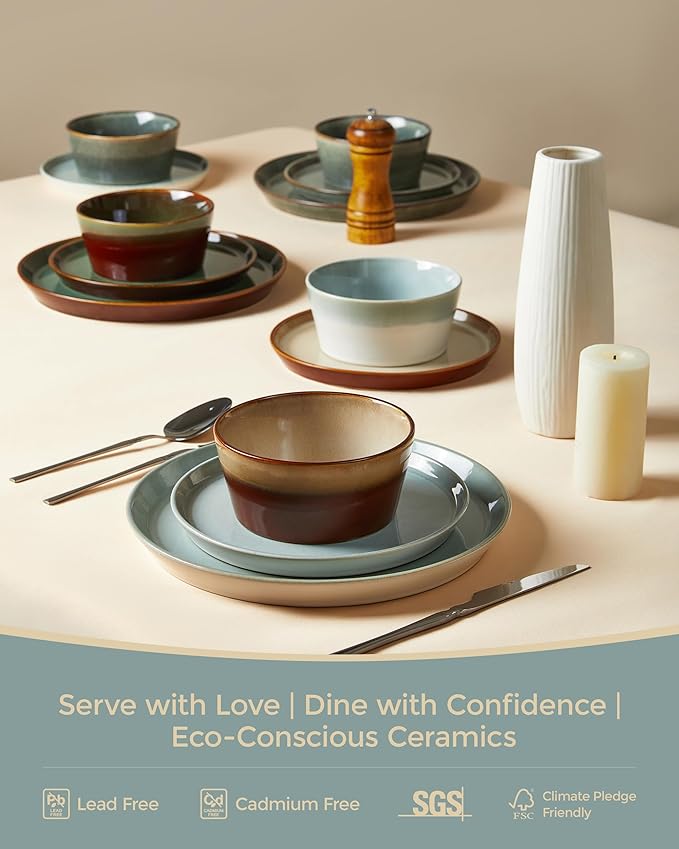 Dinnerware Sets for 4 Ceramic Plates and Bowls Set Modern Artisan Dish Set Microwave &amp Dishwasher Safe Dishware Set Chip &amp Scratch Resistant Dinner Sets Gradient Green