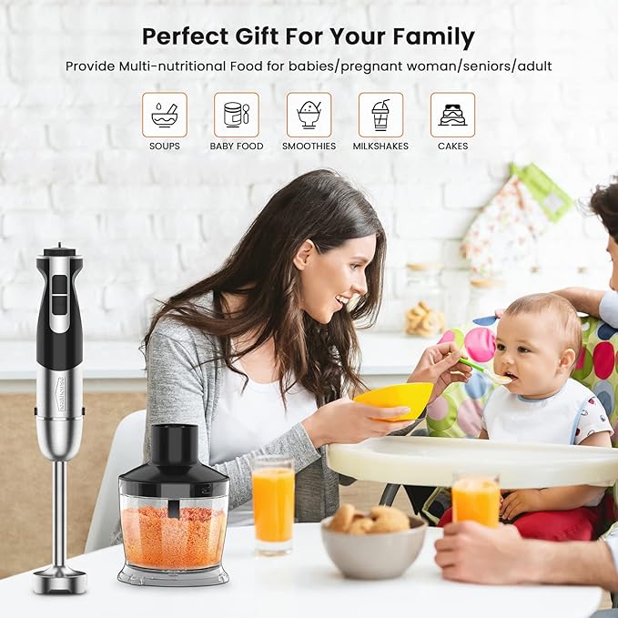 healthomse 5-In-1 Immersion Blender 800W 12-Speed Stainless Steel Hand Blender with Milk Frother Egg Whisk BPA-Free 500ml Chopper and 700ml Beaker with Lid for Soup Smoothie Baby Food