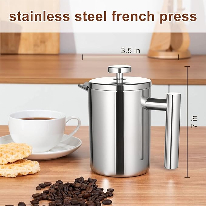 French Press Coffee Maker with Scale 304 Stainless Steel French Press 17OZ Double-Wall Insulated Food Grade Suitable for Kitchen and Travel Camping