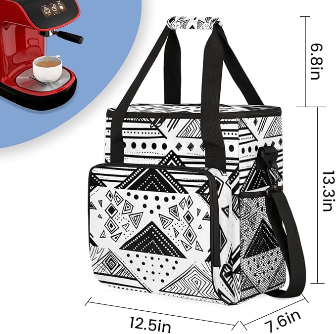 Traditional Aztec Coffee Maker Carrying Bag Vintage Striped Pattern Travel Storage Bag Compatible with K-Mini or K-Mini Plus Single Serve Coffee Brewer Carrying Case with Pockets &amp Shoulder Stra