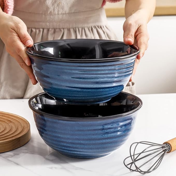Hasense Dinnerware Set 10-Piece Ceramic Dinnerware Set Deep Bowls and Plate Set Blue Handmade Reactive Glaze Dishes Dishwasher Oven Microwave Safe
