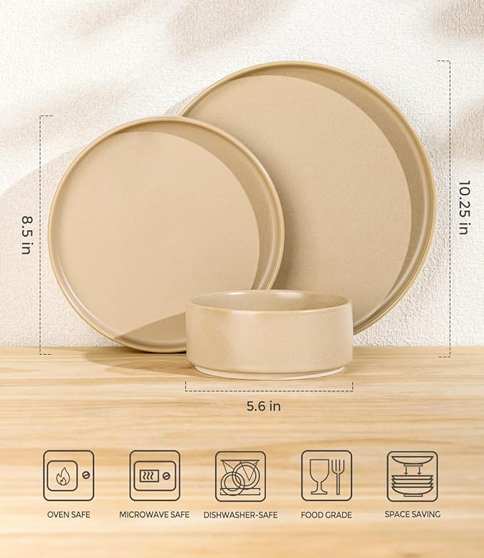 TheTerra Ceramic Dinnerware Sets for 4 12 Pieces Handmade Reactive Glaze Plates and Bowls Set Scratch Resistant Dish Set Oven &amp Microwave &amp Dishwasher Safe Ivory Cream