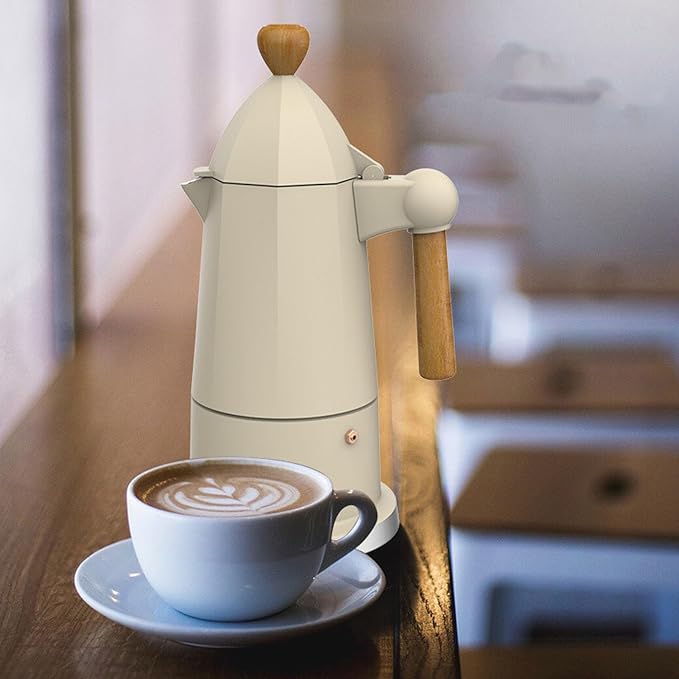 SIXRUN Aluminum Alloy Octagonal Percolator Coffee Pot Maker with Safety Valve and Beech Wood Handle (White)