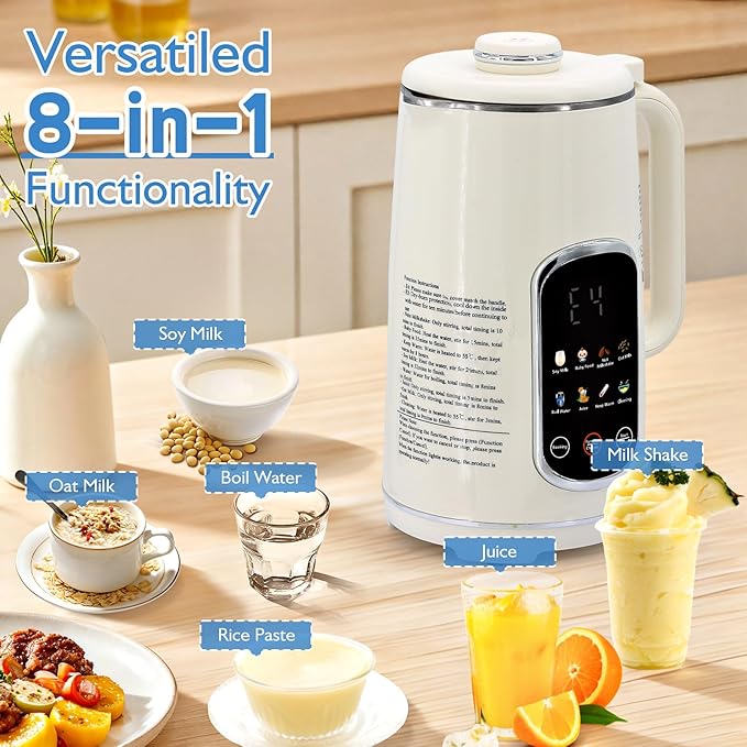 40oz Nut Milk Maker Machine 8-in-1 LED Panel Touch Screen Soy Milk Maker for Homemade Almond Soy &amp Oat Plant-Based and Dairy Free Beverages with 12H Delay Start &amp Self-Cleaning (White)