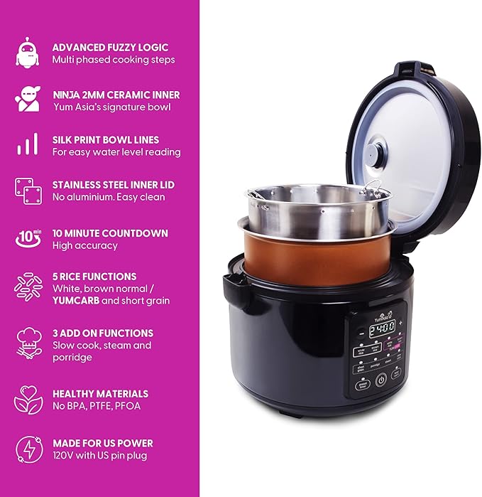 Yum Asia Kumo YumCarb Rice Cooker with Ceramic Bowl and Advanced Fuzzy Logic (5.5 Cups 1 Litre) 5 Rice Cooking Functions 3 Multicooker Functions 110V US Power (Dark Stainless Steel)