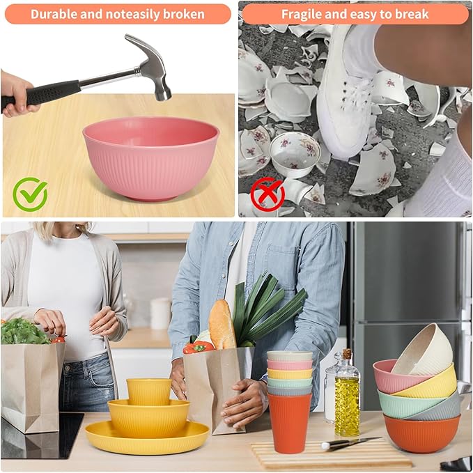 36 pcs Wheat Straw Dinnerware Sets DAPIPIK Unbreakable Reusable Dinnerware Set Lightweight Camping Plates Cups and Bowls Set. Dishwasher Microwave Safe Dinnerware