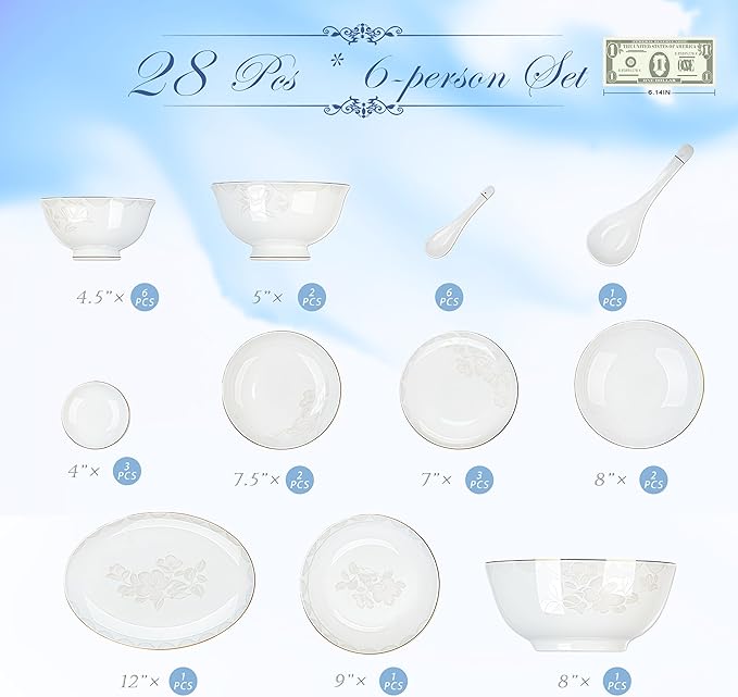 Fine Bone China Dinnerware SetPorcelain&ampCeramic Dinnerware SetsBone Stoneware&ampCeramic Cookware Tableware Set Includes Dinner Plates|Spoons|Pasta Bowls|Soup Pot|Chopsticks (28PCS * 6-Person S