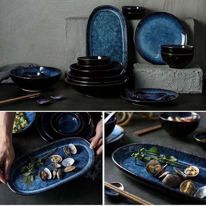 Ceramics Dinnerware Set Cat's Eye Blue 32 Pieces Porcelain Dinner Set/Vintage Plates and Bowls Sets for Restaurant &amp Microwave Safe