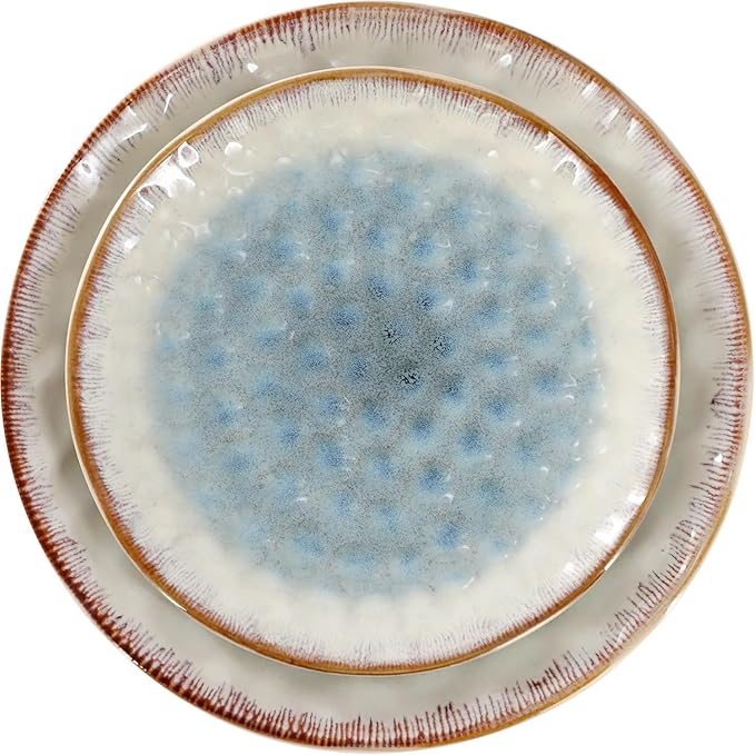 16 Piece Stoneware Dinnerware Set Blue and Beige Plates and Bowls Microwave &amp Dishwasher Safe Dinner Set for 4 (Blue &amp Beige)